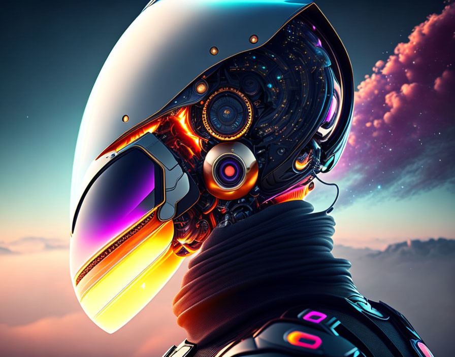 Detailed futuristic robot head in reflective helmet under twilight sky.