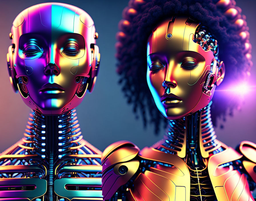 Vibrant robotic faces with intricate details on neon background