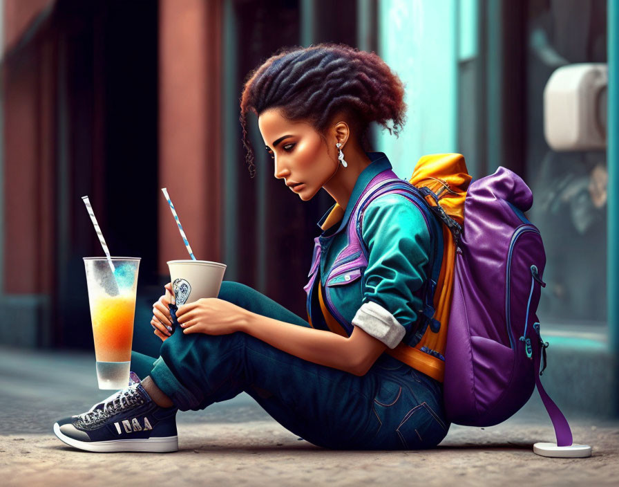 Person with Dreadlocks Leaning Against Wall with Colorful Backpack