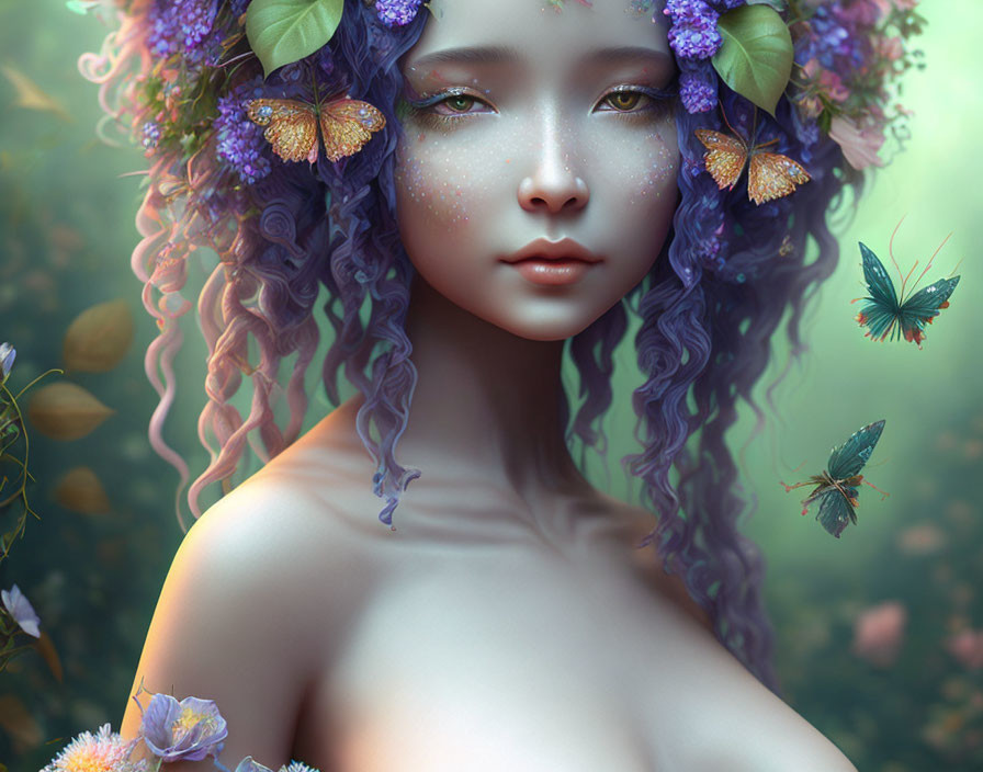 Fantasy portrait of woman with purple hair, flowers, butterflies, and mystical forest.