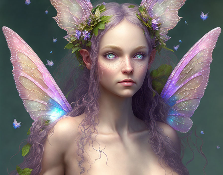 Fantasy digital artwork of a purple-haired fairy with translucent wings and glowing butterflies