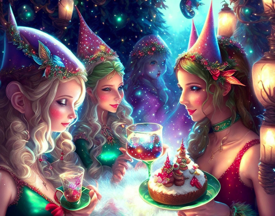 Fantasy elves in festive hats enjoying Christmas treats in magical setting