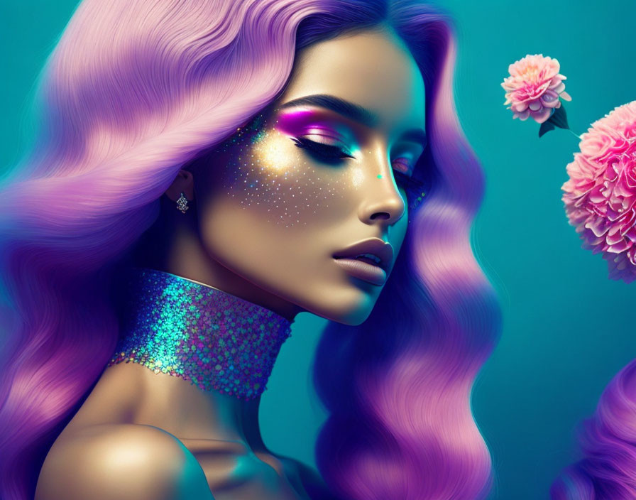 Vibrant purple hair and sparkling makeup on woman against teal backdrop with pink flower