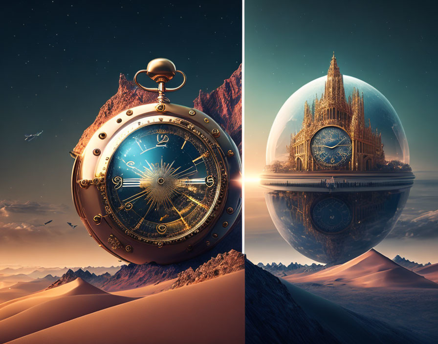 Surreal composite: pocket watch, globe, desert, birds, cathedral, water, dusky