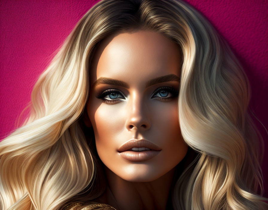 Blonde Woman Portrait with Blue Eyes on Pink Background