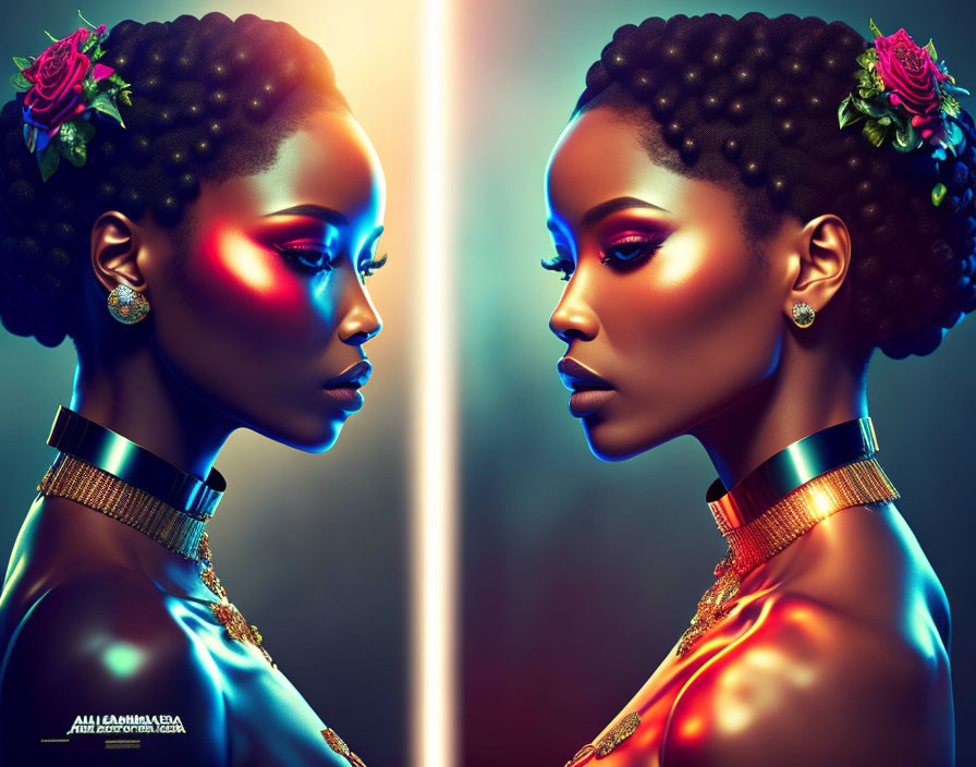 Two Dark-Skinned Women with Cornrow Hairstyles and Colorful Lights