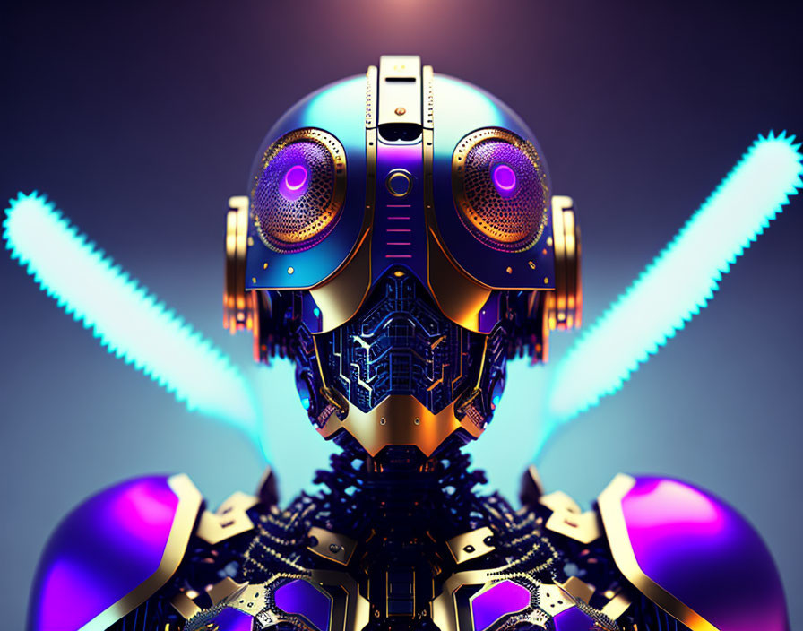 Futuristic robot head with glowing purple eyes and neon blue accents