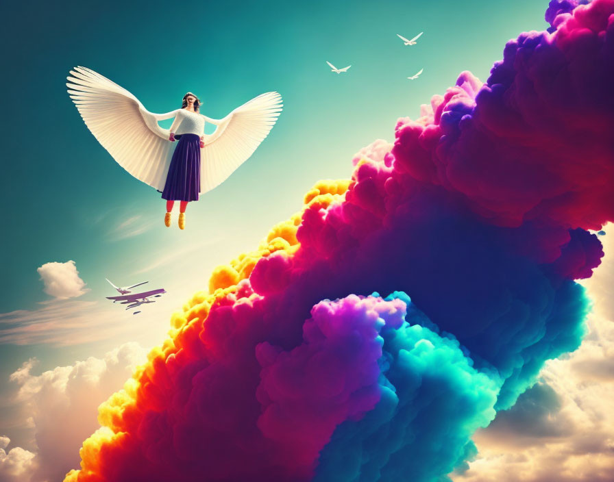 Person with wings floating above vibrant clouds and birds with a plane in the distance.