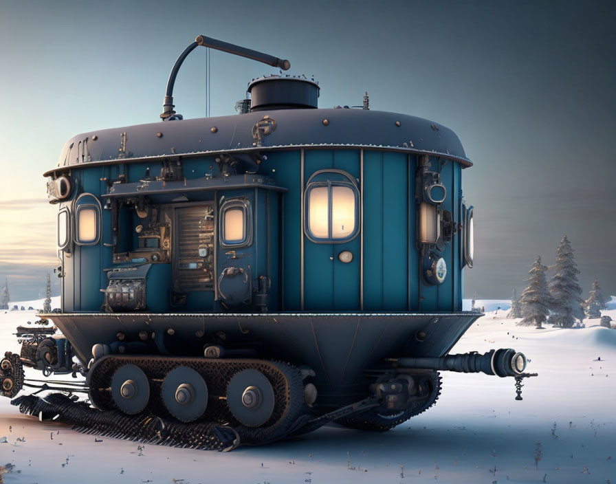 Blue tracked vehicle in snowy twilight landscape