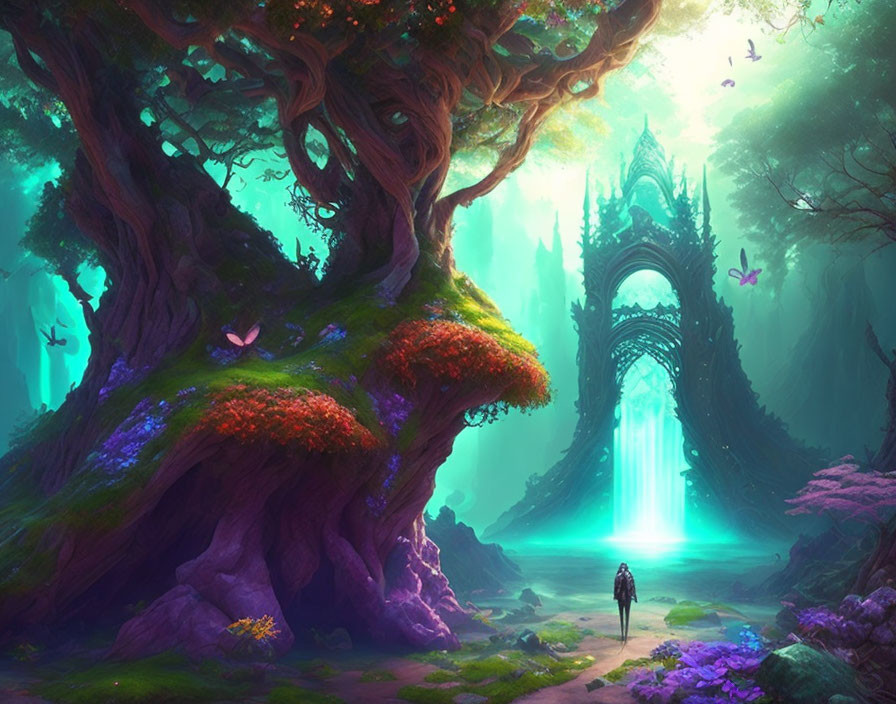 Ethereal forest scene with glowing portal and vibrant flora