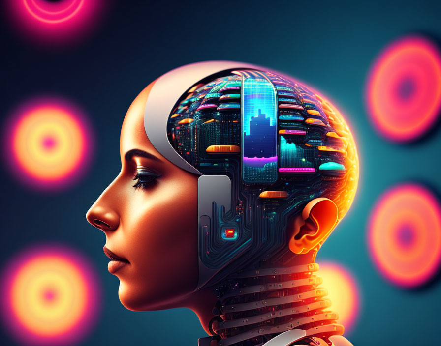 Female android with exposed circuitry in head against abstract cityscape backdrop.