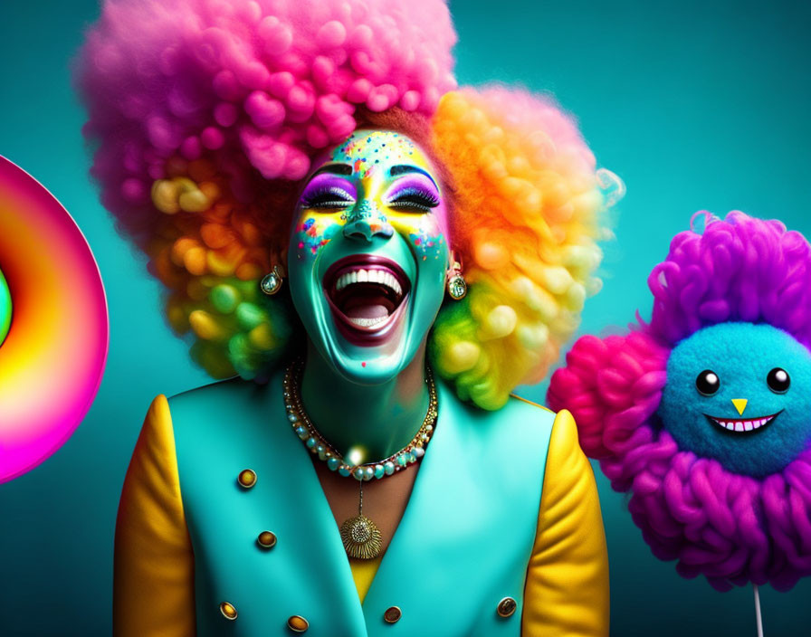 Colorful portrait with aqua face paint, afro wig, teal blazer, and fluffy characters