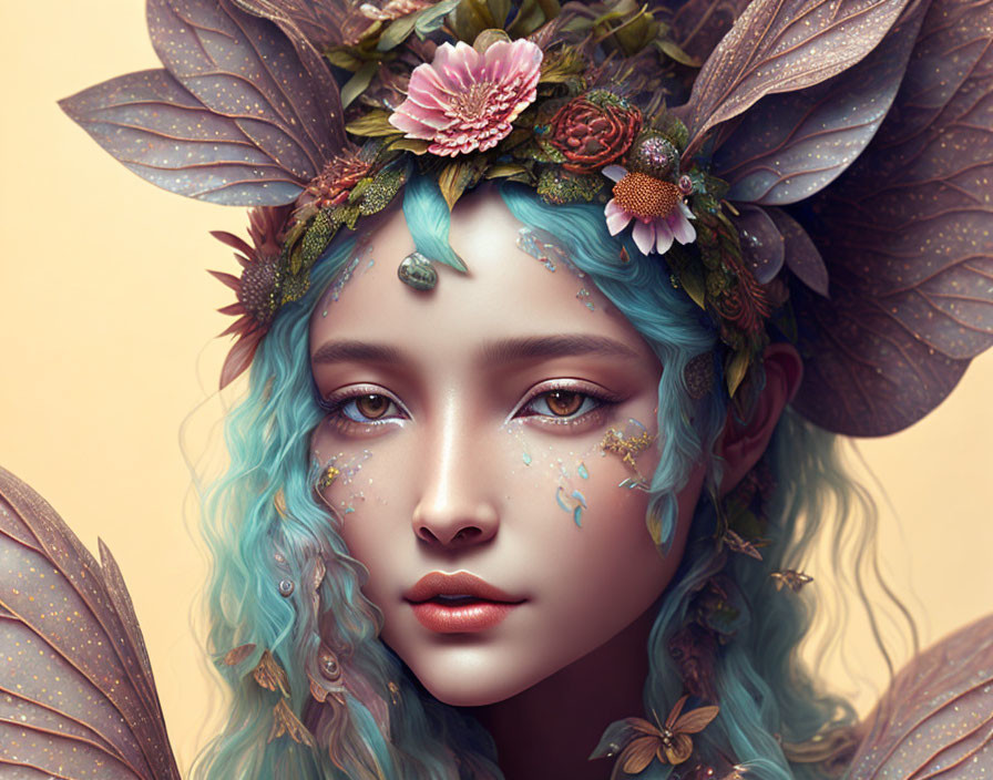 Fantasy Artwork: Female Character with Blue Hair, Floral Headdress, Butterfly Wings