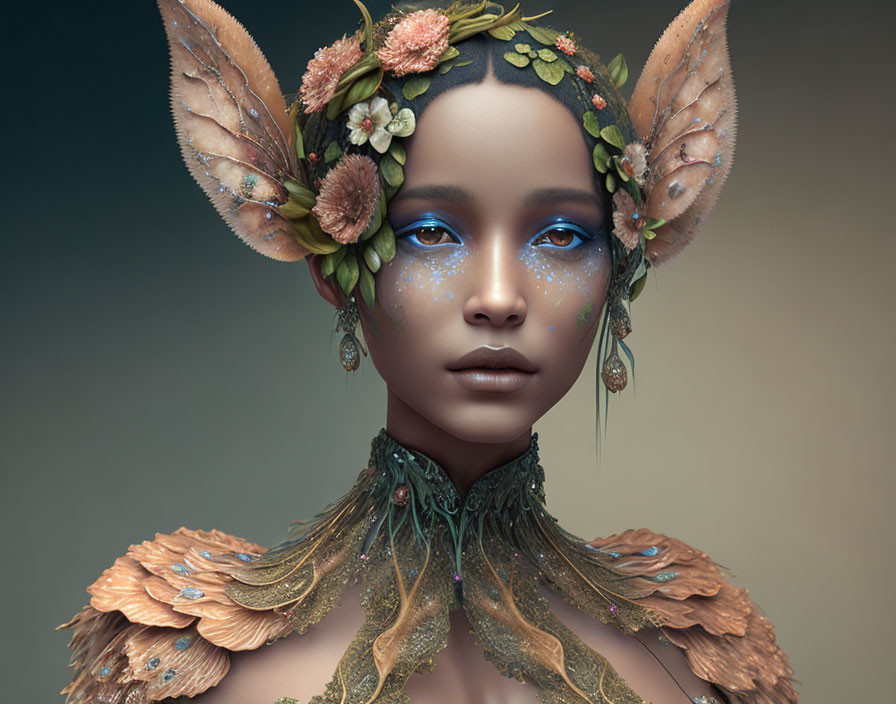 Fantasy female character with leaf-like ears and floral adornments.