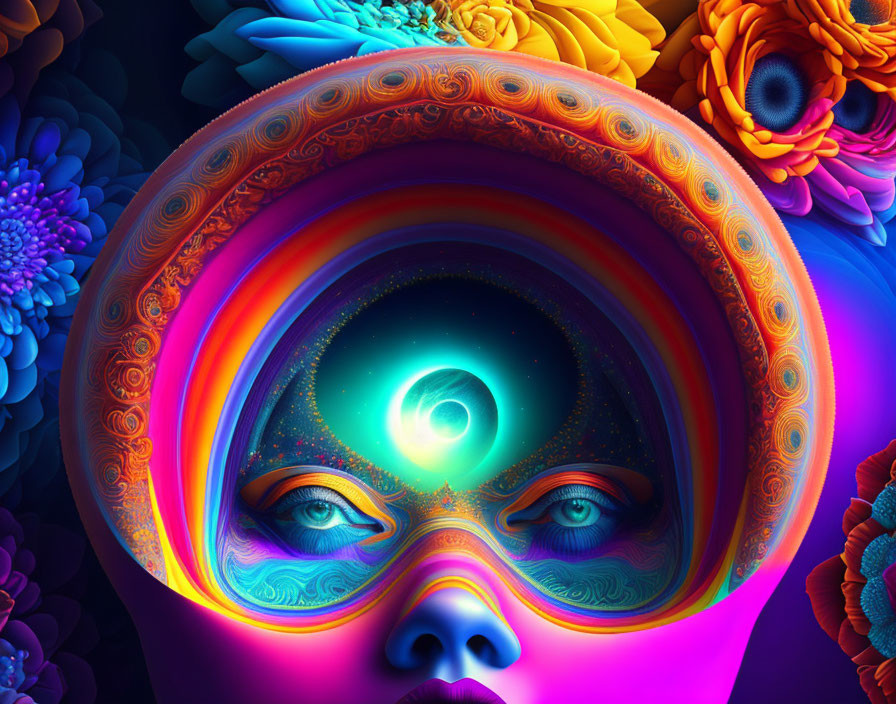 Colorful digital artwork: surreal face with third eye, floral patterns, cosmic motifs