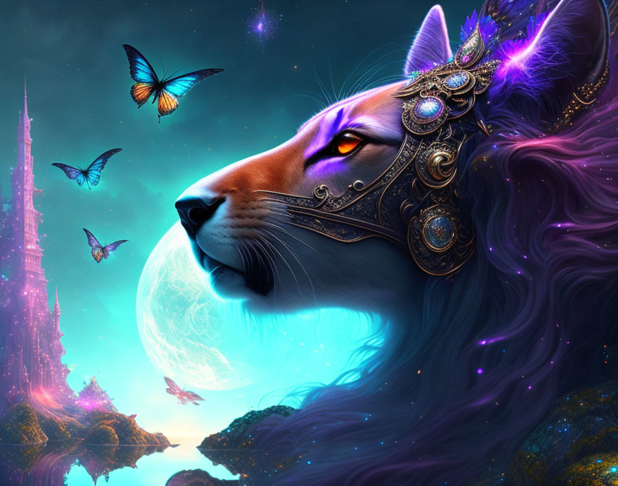 Majestic lion with purple mane and golden headpiece in cosmic setting.