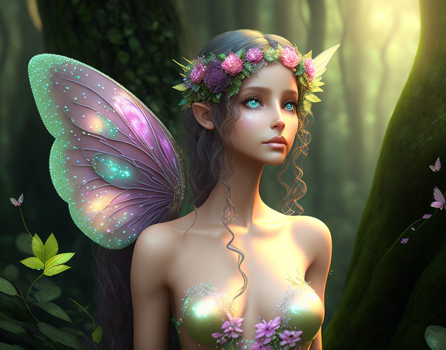 Enchanting forest scene with fairy, glowing wings, flower crown