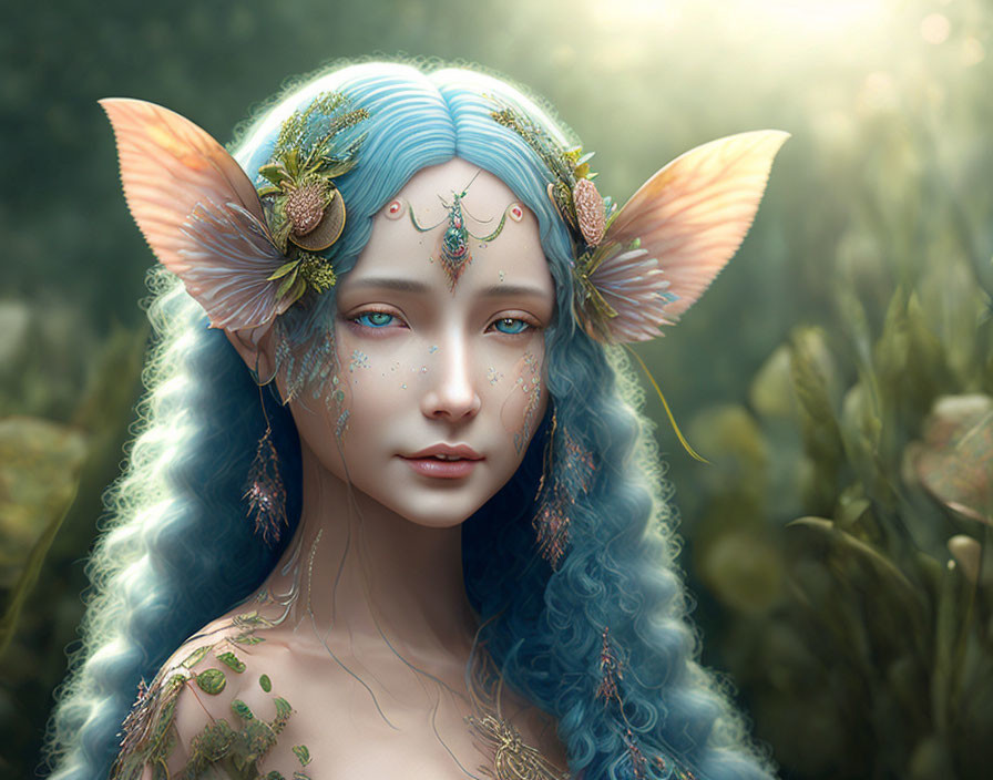 Ethereal fantasy creature with blue hair and pointy ears in natural setting