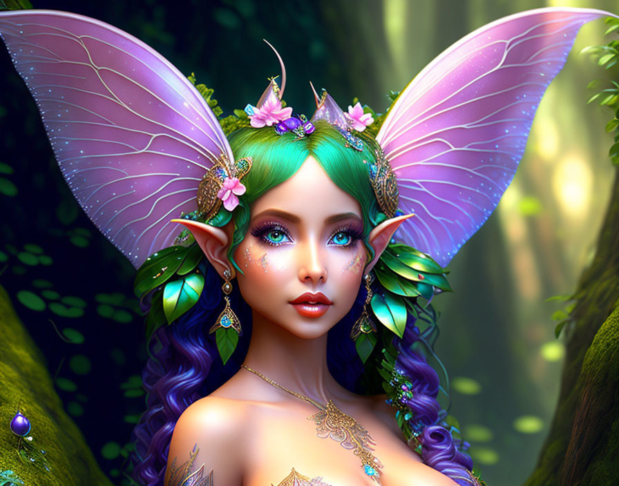 Fantasy illustration of fairy with turquoise hair and purple wings in forest