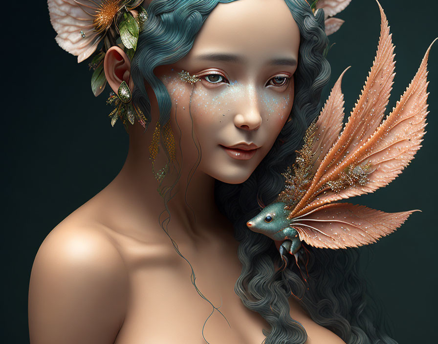 Fantastical portrait of woman with blue skin and lizard with feathered wings.