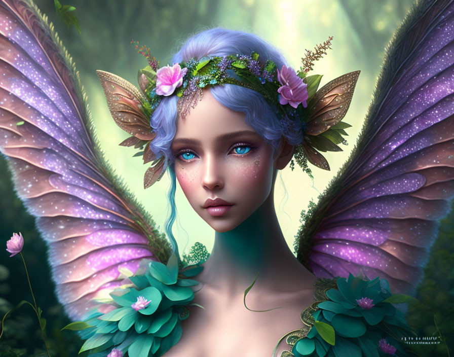 Fantasy portrait of fairy with violet wings, blue hair, and floral crown in mystical forest