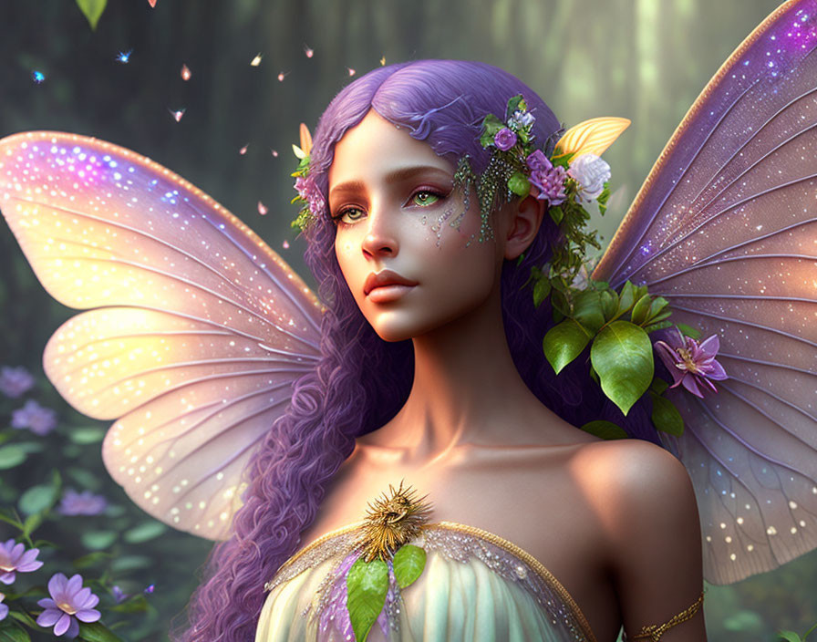 Female fairy with translucent wings and purple hair in enchanted forest.