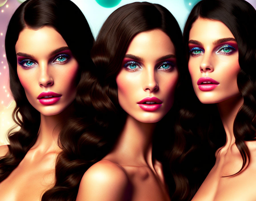 Three women with striking blue eyes and wavy dark hair in colorful backdrop