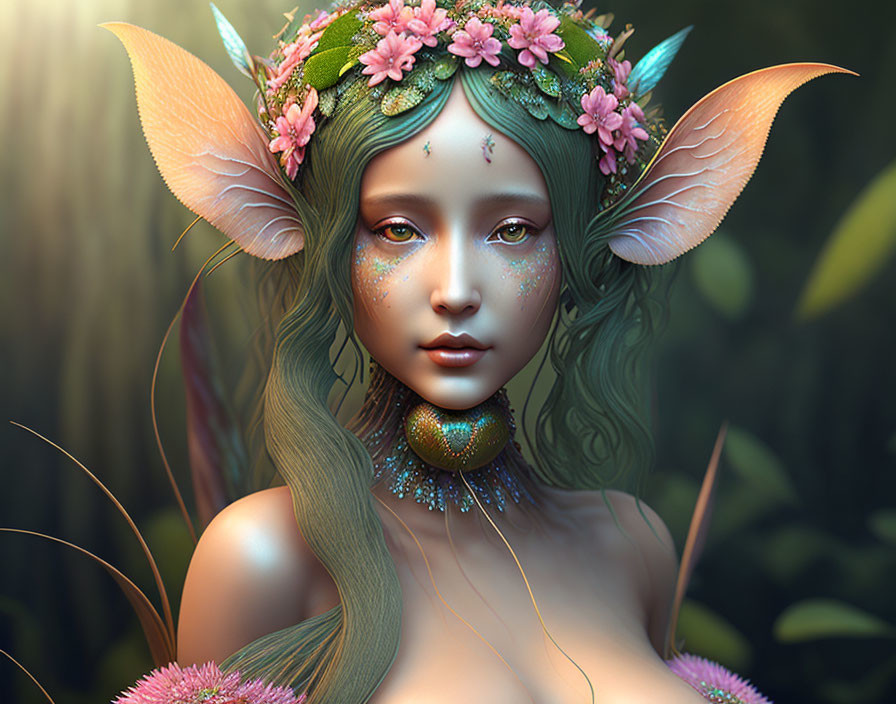 Enchanting female character with pointed ears, floral crown, and glittering neckpiece in natural setting