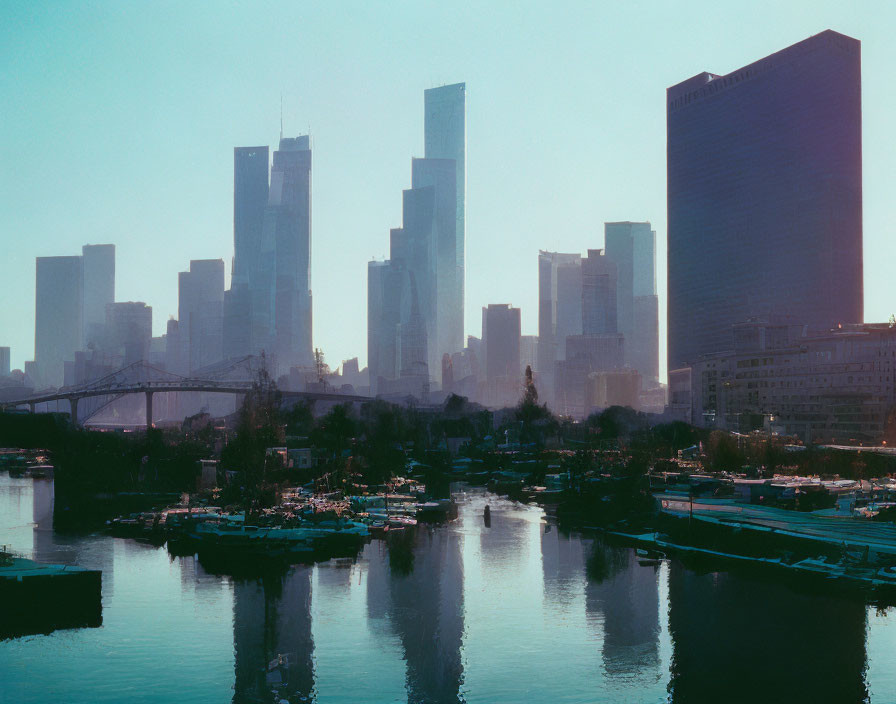 Modern city skyline with skyscrapers, bridge, marina, and boats under pastel sky