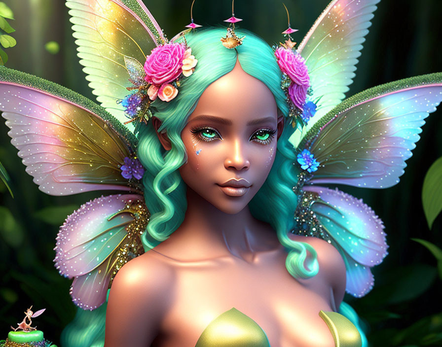 Fantasy illustration of woman with turquoise hair, flower adornments, and butterfly wings in forest.