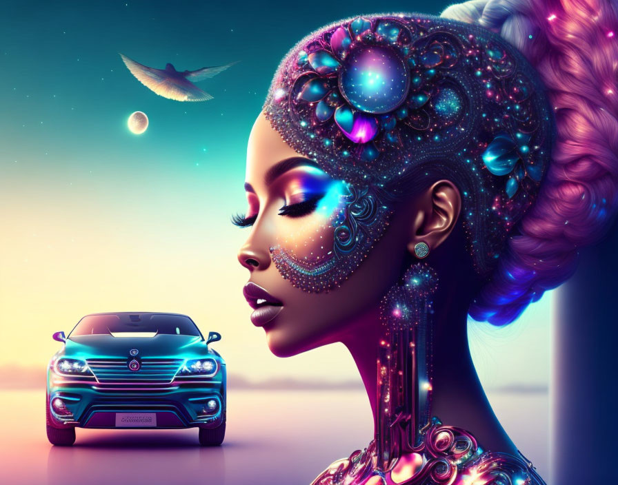 Futuristic woman with jeweled headgear and car under crescent moon