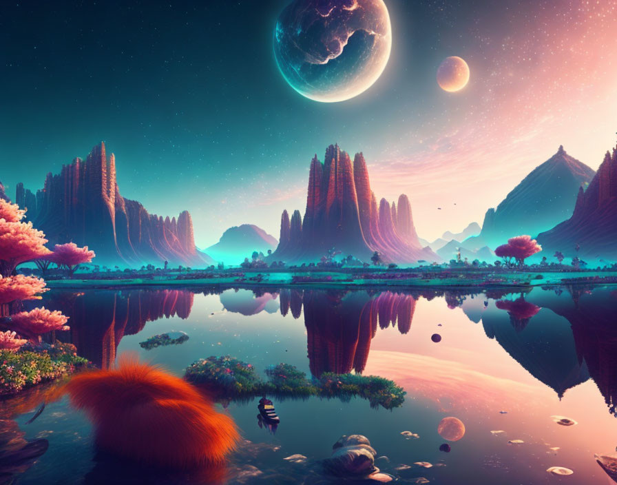 Colorful alien landscape with rock formations, water, moon, flora, and starry sky