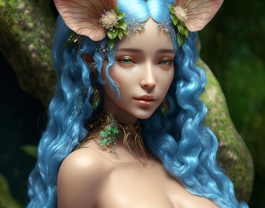 Fantasy character with pointed ears and blue wavy hair adorned with flowers.