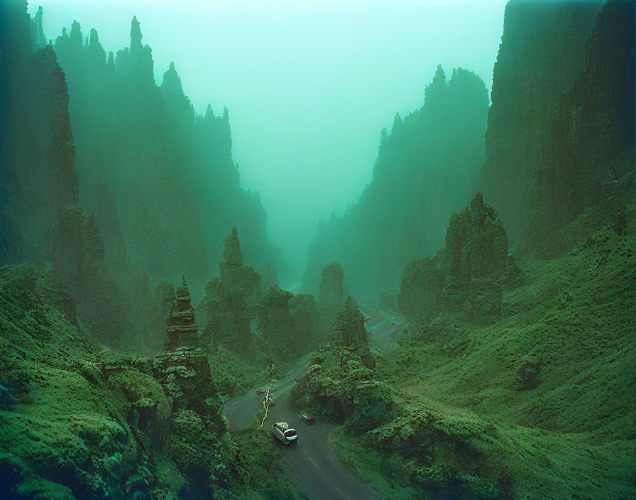 Scenic winding road in misty, rugged landscape