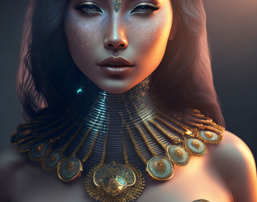 Digital portrait of woman with glowing star-like freckles and golden necklace in dark, mystical setting