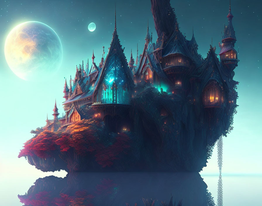 Fantasy castle on tree with blue lights under moonlit sky