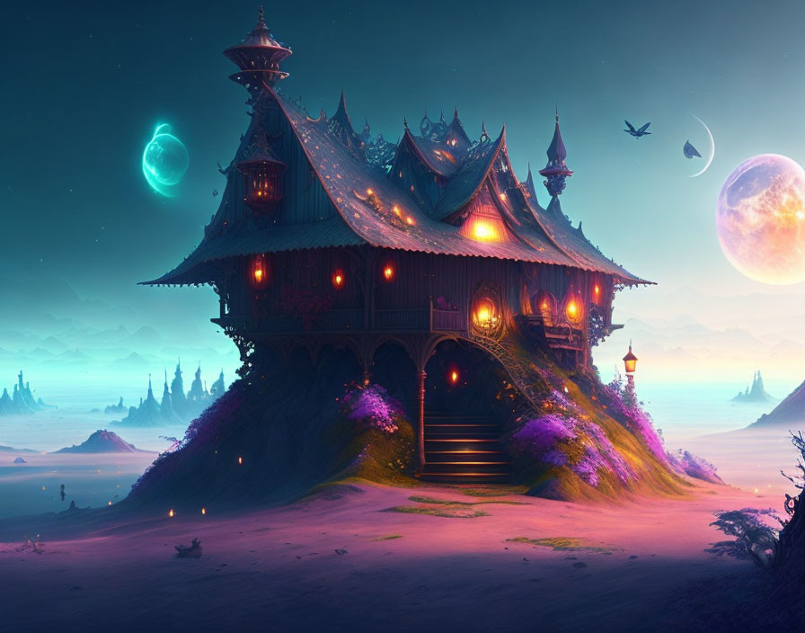 Fantasy landscape with glowing building, purple flora, dual moons, and flying birds