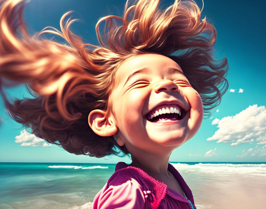 Smiling girl with flowing hair against blue sky and sea