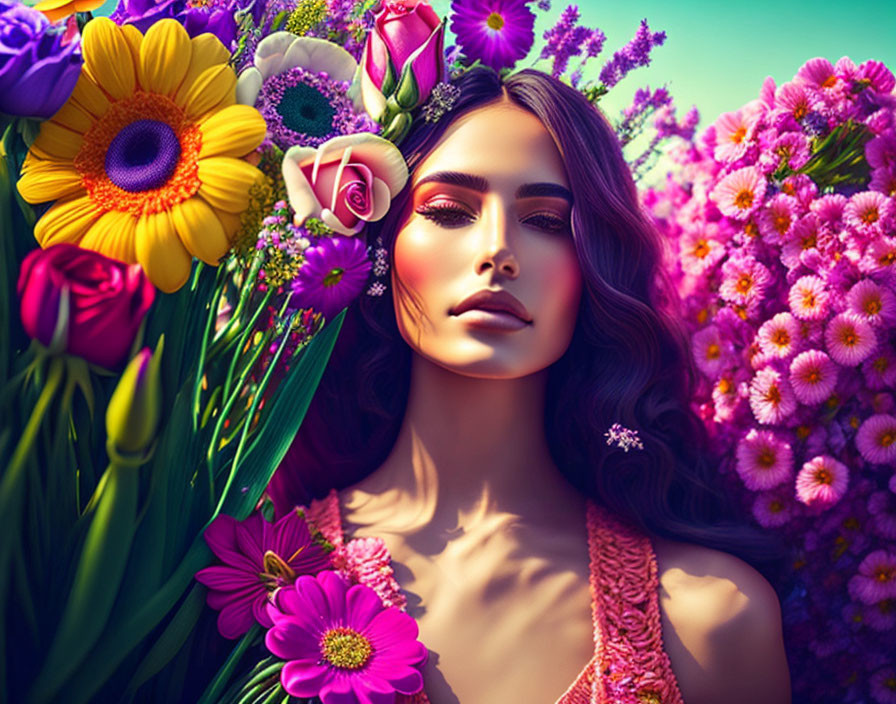 Woman in Floral Dress Surrounded by Vibrant Flowers