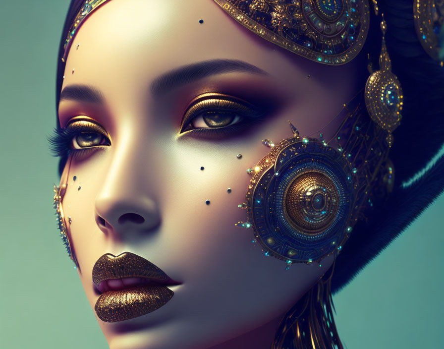 Detailed futuristic makeup and ornate headgear with golden patterns.