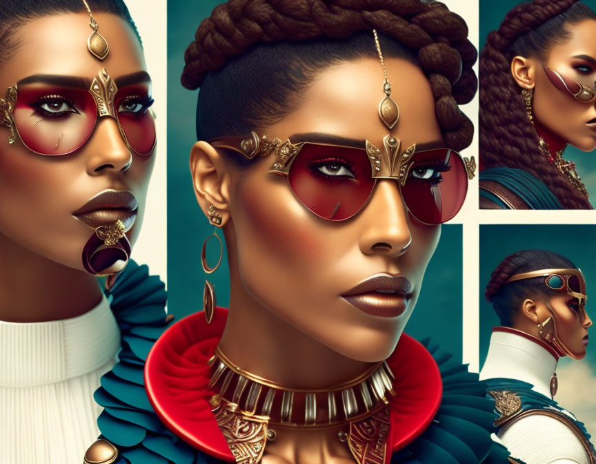 Stylized digital illustration: Woman with braided hair, golden jewelry, sunglasses in various poses against