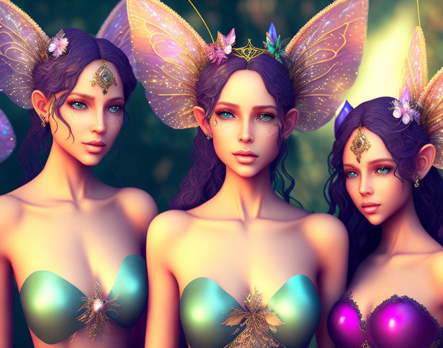 Intricate fairy figures with vibrant eyes in enchanted forest