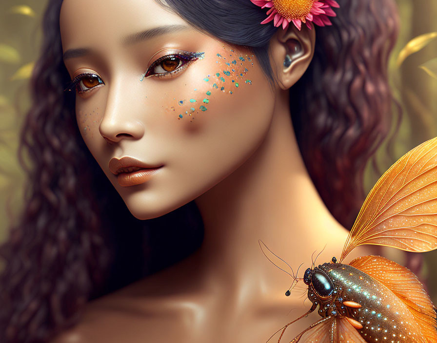 Colorful portrait of woman with glitter makeup, flower, and butterfly