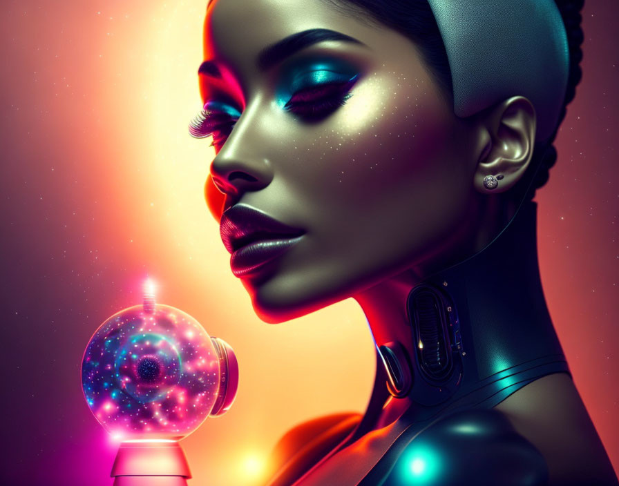 Portrait of Woman with Cybernetic Features and Glowing Orb on Pink and Orange Background