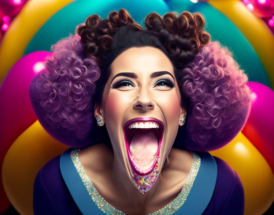 Colorful digital artwork of a smiling woman with vibrant hair, makeup, and jewelry, surrounded by balloons