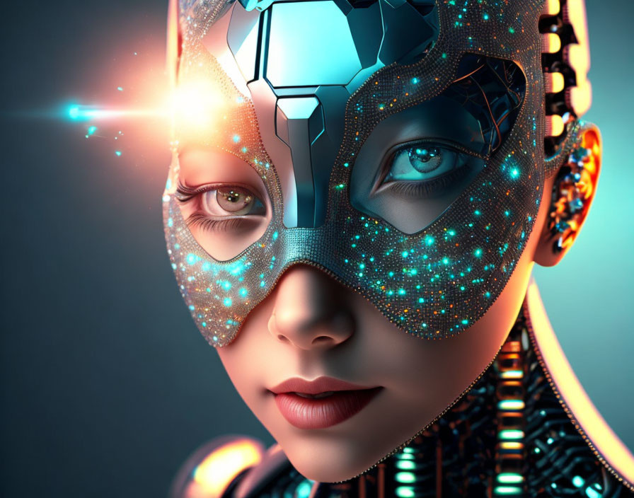 Futuristic female android with luminous face and metallic plating