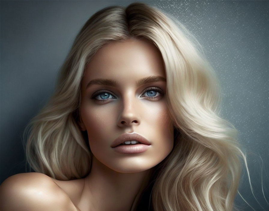 Portrait of woman with blue eyes, full lips, wavy blonde hair on grey backdrop