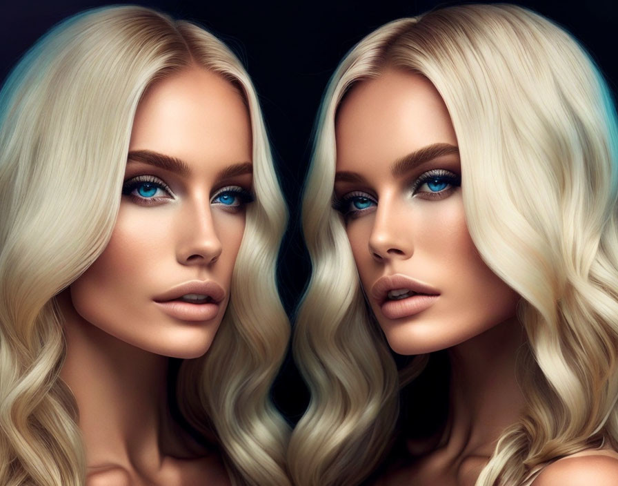 Two women with long, wavy blonde hair and striking blue eyes in close pose with similar features.