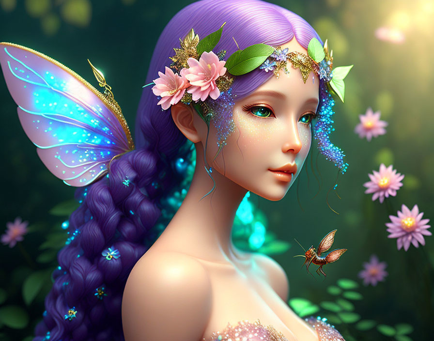 Fantasy fairy digital artwork with iridescent wings and floral crown