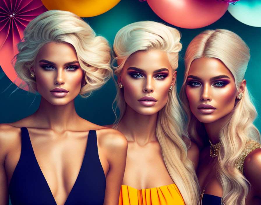 Blonde women with stylish makeup in colorful setting